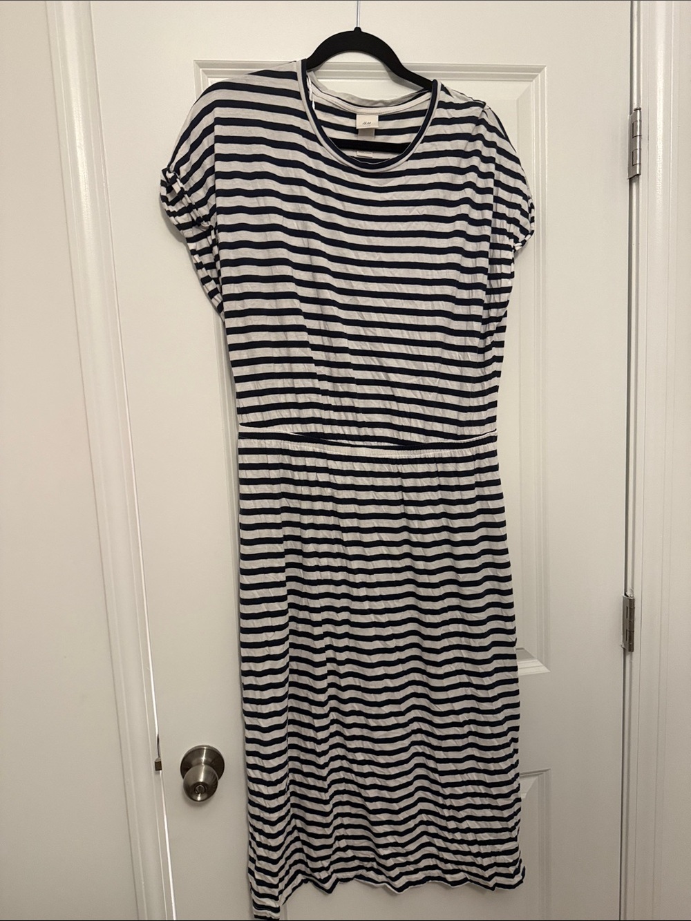 Navy and White Striped Midi Dress with Elastic Waist and 2 Side Splits